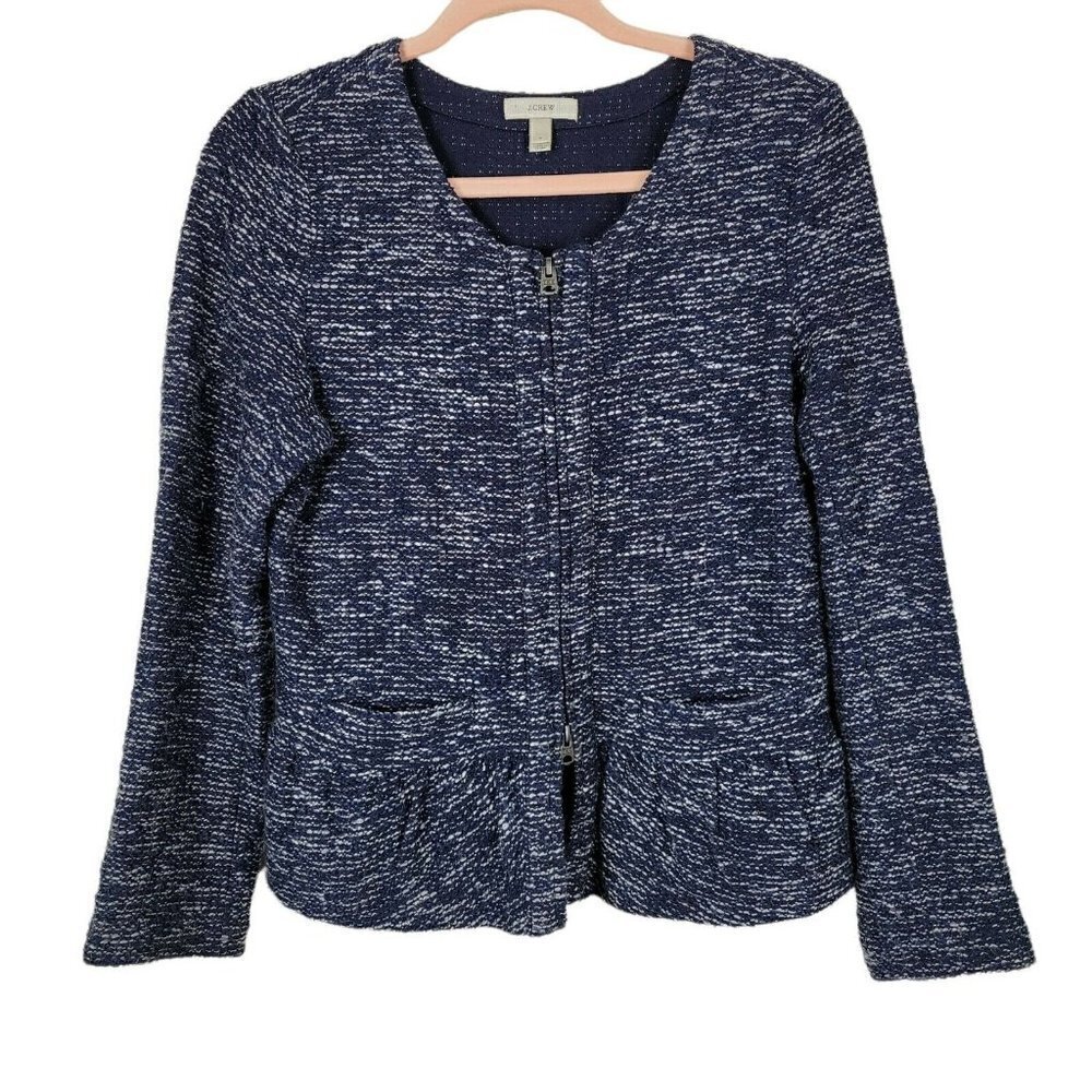 J. Crew Woven Knit Peplum Jacket Sz Medium Navy Blue & White Business Casual VGC